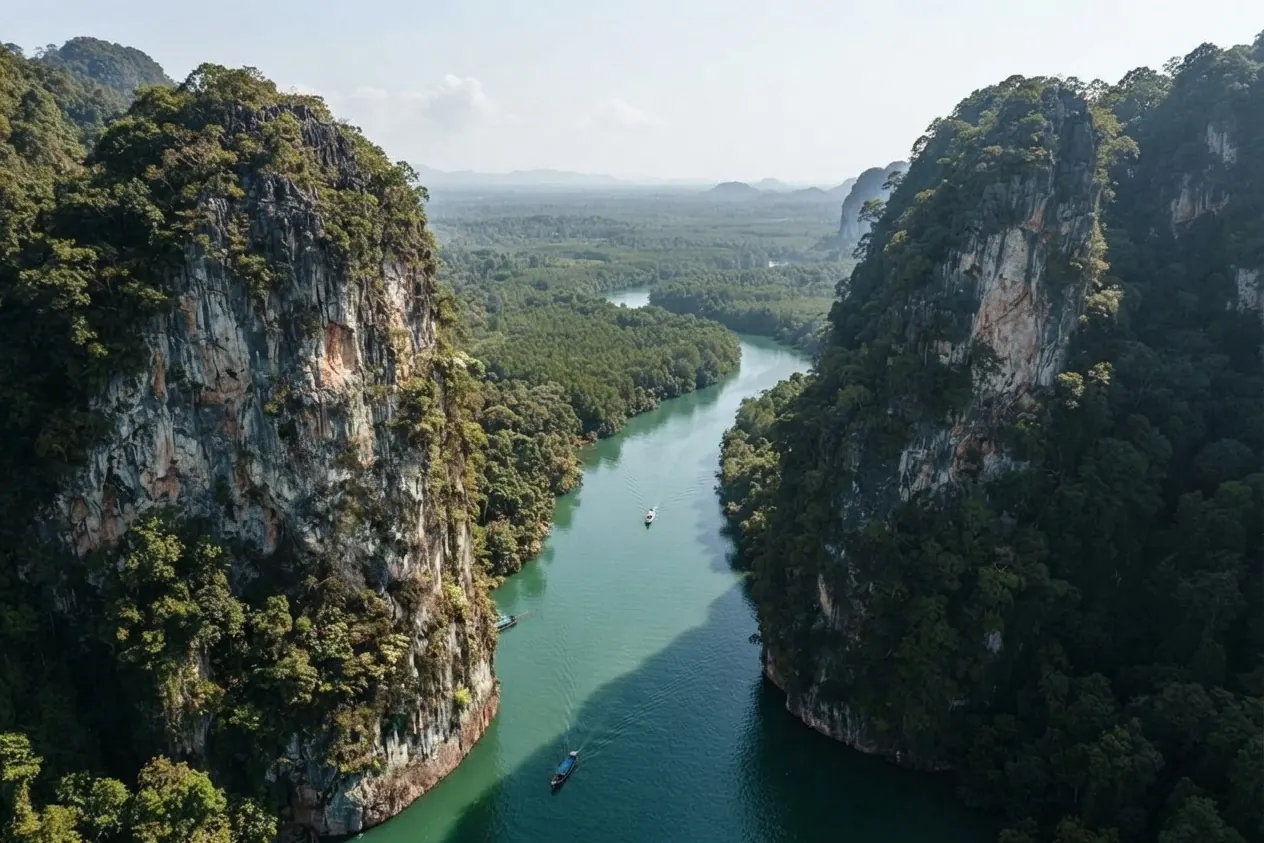 Aerial view of a jungle river flowing between two karst cliffs