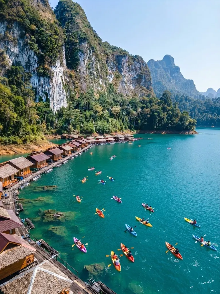 Aerial view of kayaks on turquoise water beside a row of raft houses