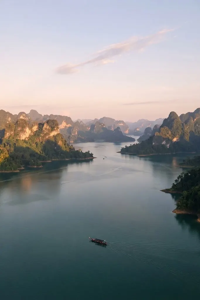 Aerial view of a lake arm winding between hills at dawn, with a small boat