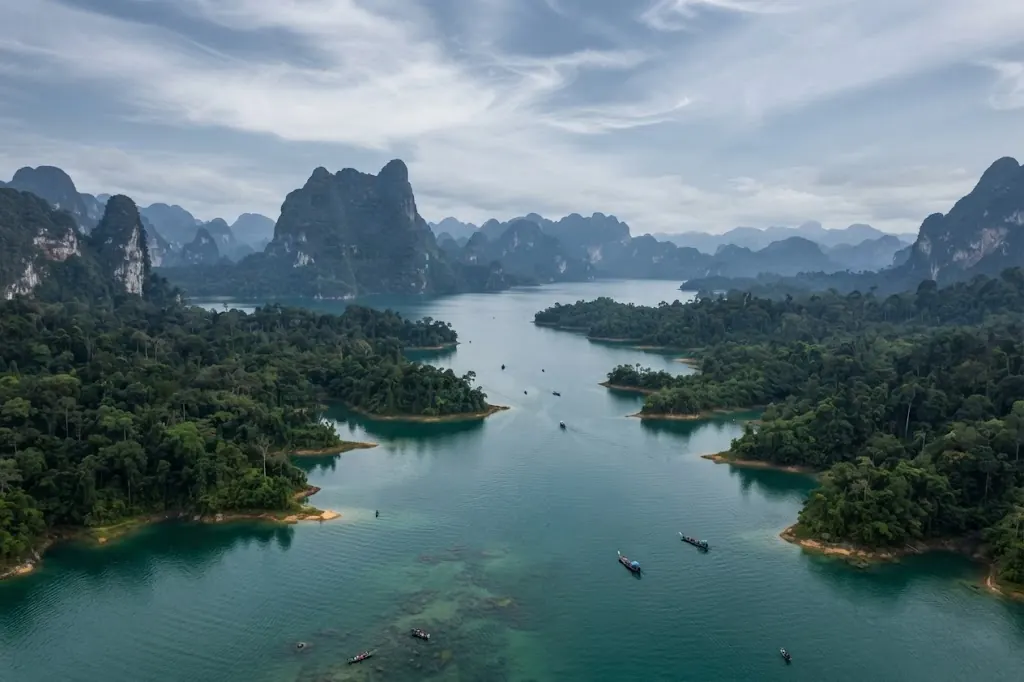 Aerial view of lake arms, forested islands and boats on a cloudy day