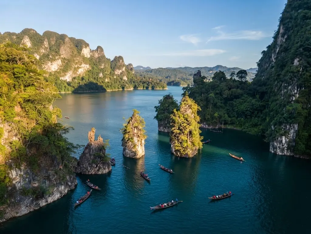 Aerial view of long-tail boats around three karst pillars