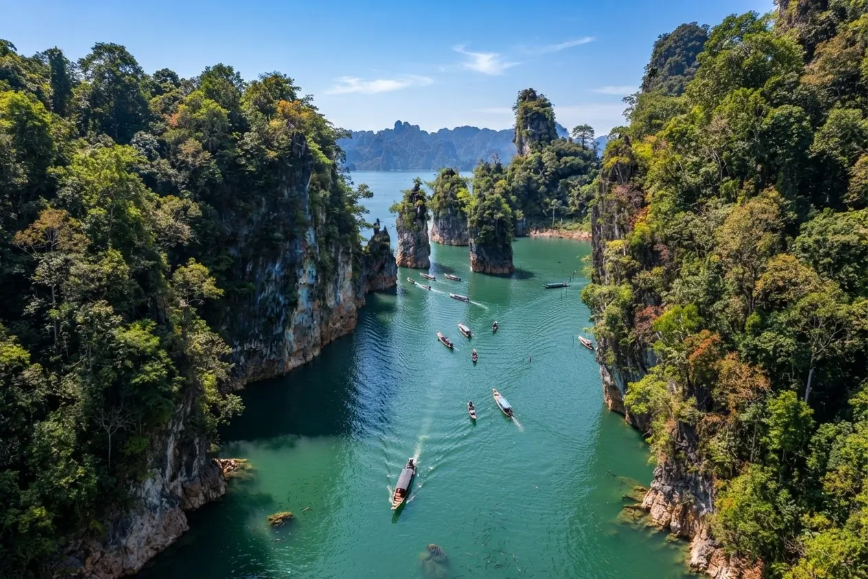Aerial view of long-tail boats passing through a narrow channel between karst walls