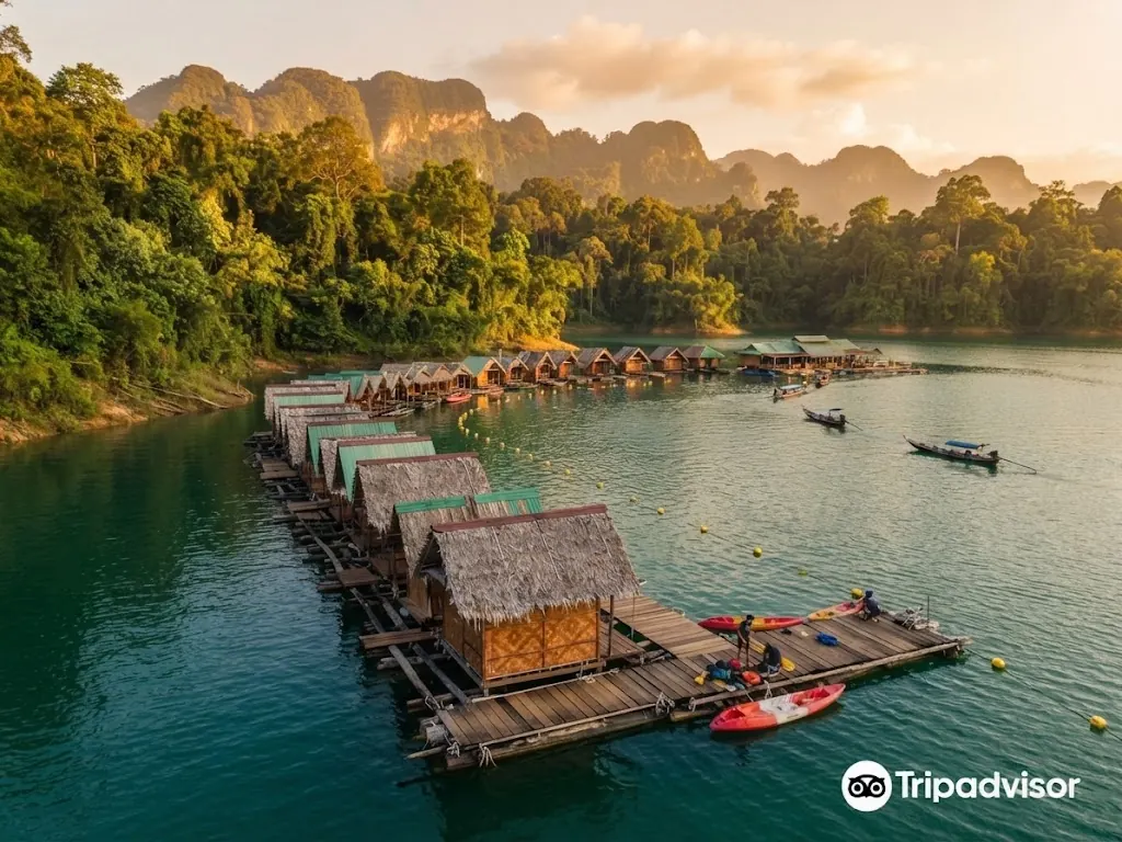 Aerial view of a raft house row with kayaks on Cheow Lan Lake