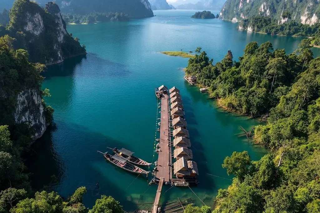 Aerial view of a floating raft house row and a long-tail boat in a turquoise lake channel