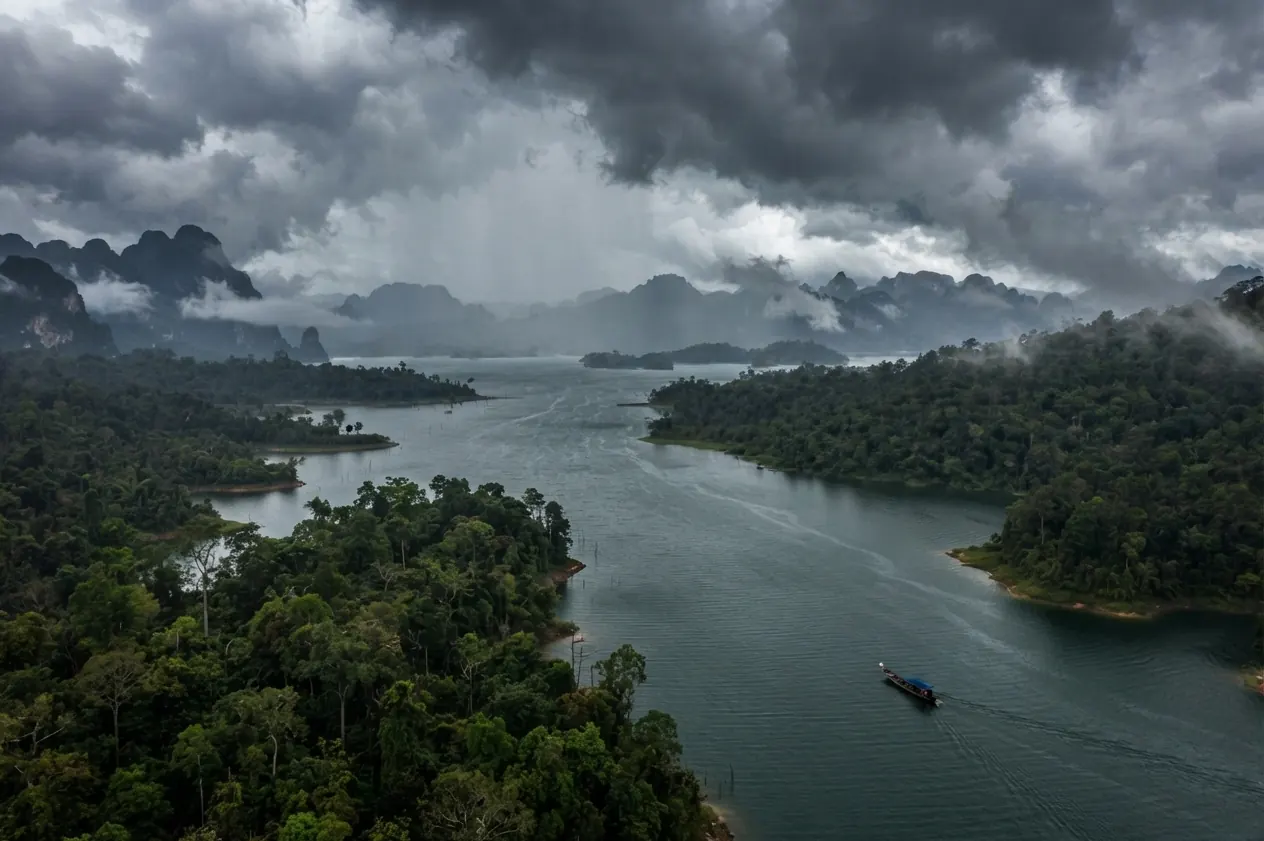 Aerial view of storm clouds over forested lake arms