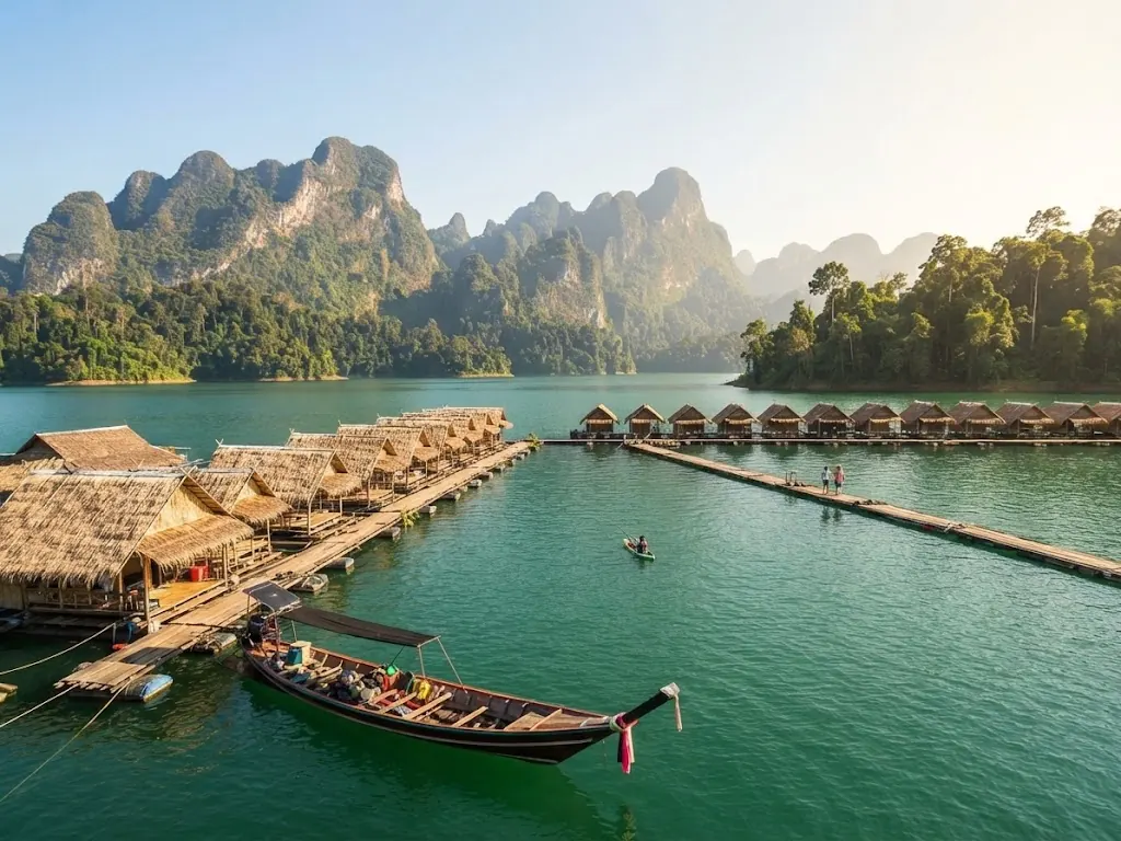 Aerial view of thatched raft houses and a long-tail boat below karst hills