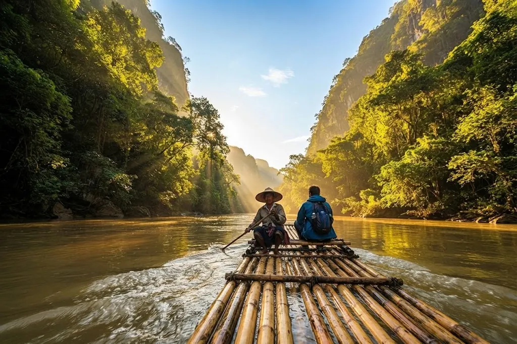 Two people on a bamboo raft on a jungle river in morning sun