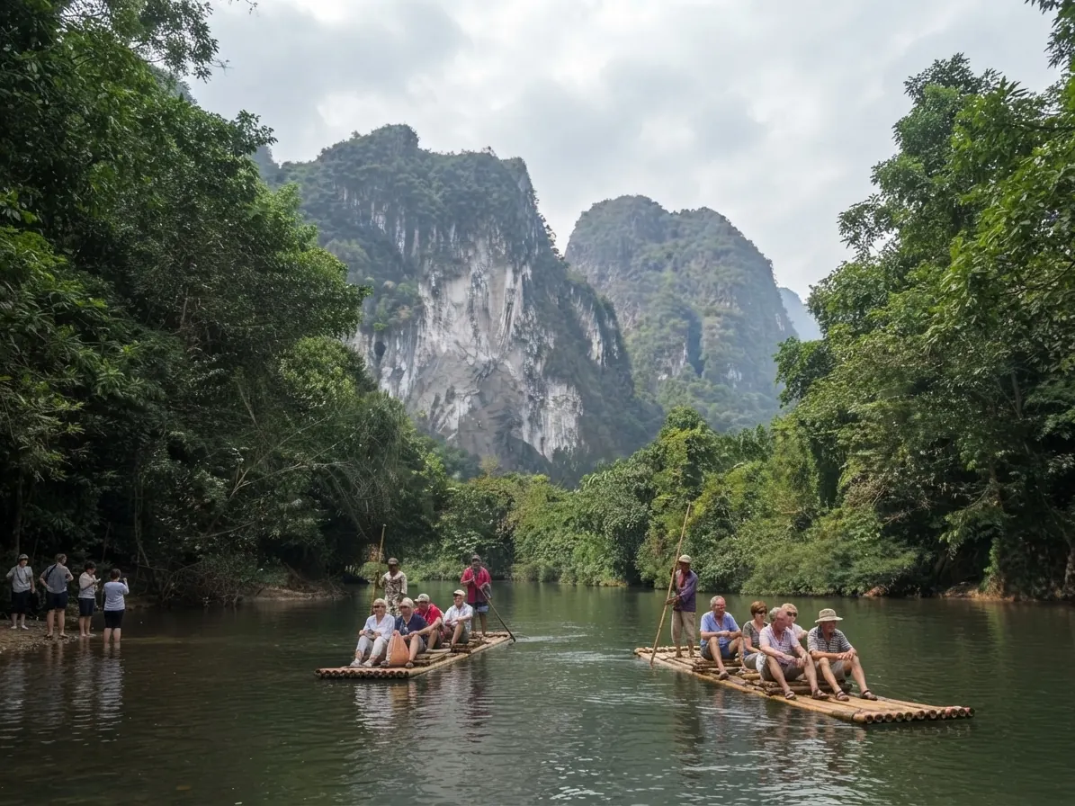 Visitors on bamboo rafts on a jungle river beneath limestone cliffs in Khao Sok
