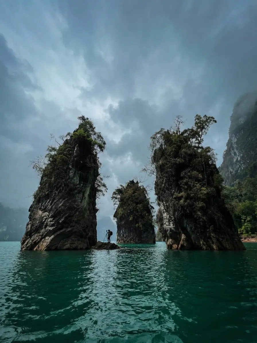 Small boat on the water between two karst pillars under a dramatic sky