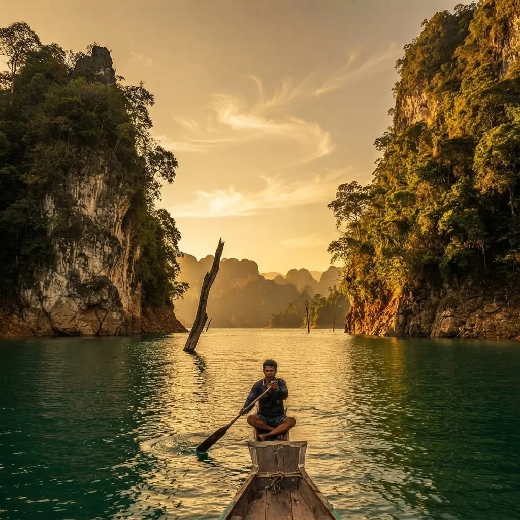 Boatman steering a long-tail boat between cliffs at golden hour
