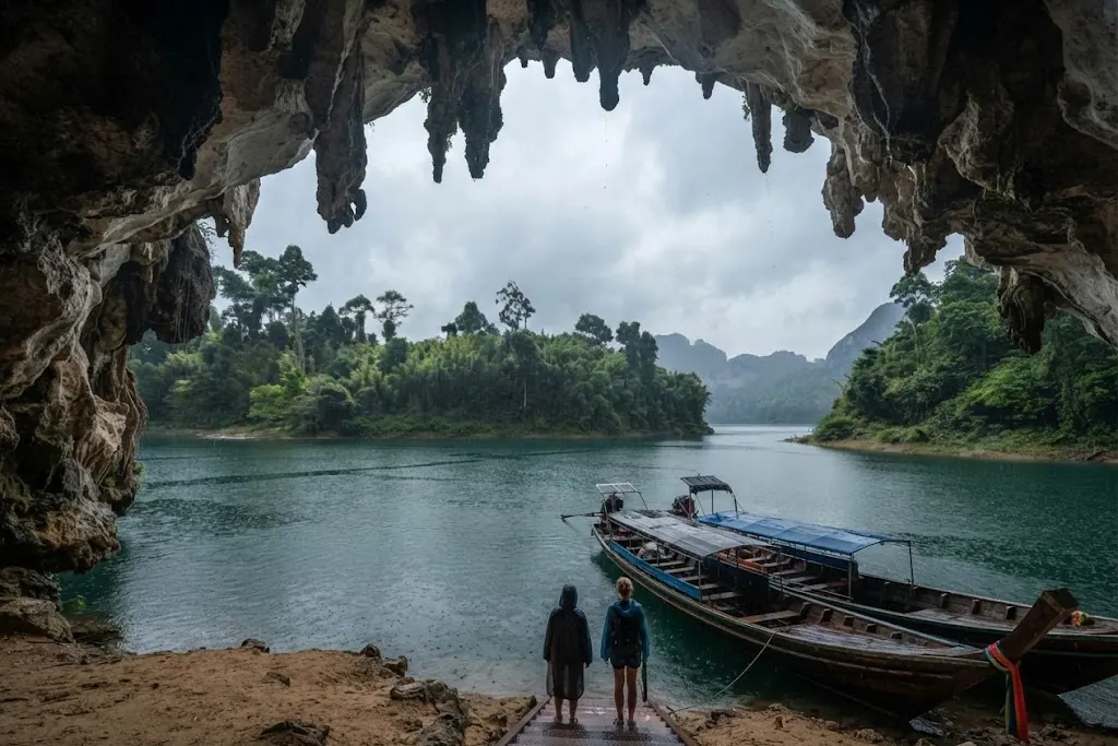 Two visitors inside a cave mouth hung with stalactites, looking out at the lake and a moored boat