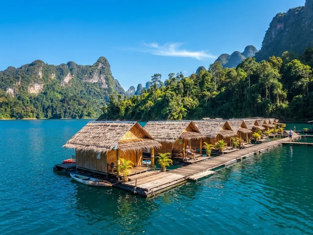 Thatched floating bungalows on turquoise water under a clear blue sky