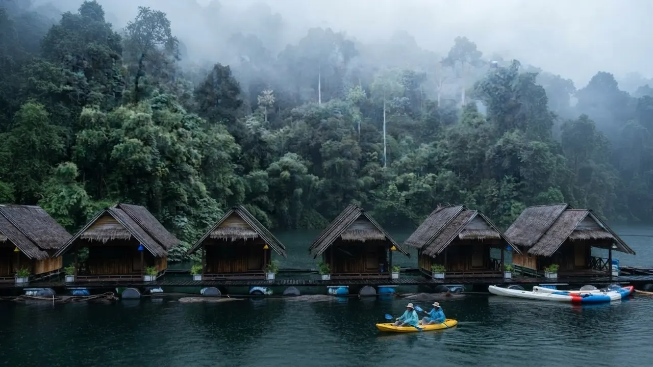 Thatched floating bungalows before misty rainforest, with kayakers in front