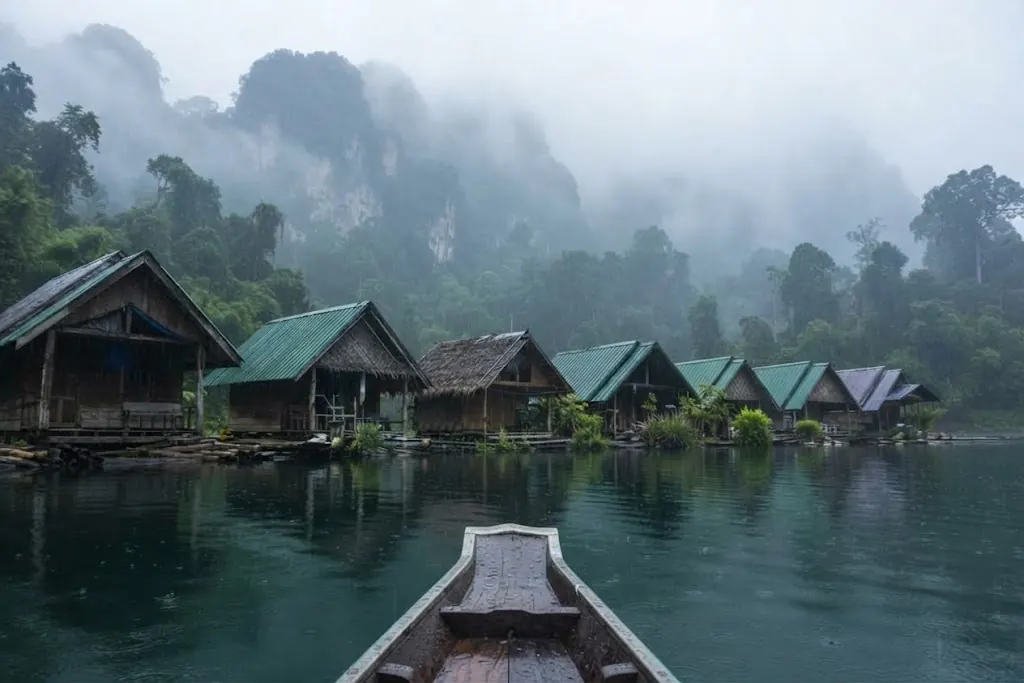 Green-roofed raft houses in morning mist, seen from a boat bow