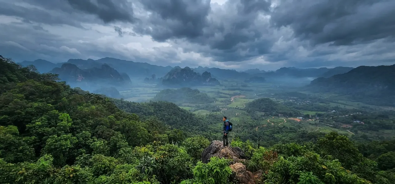Hiker on a viewpoint above a rainforest valley and distant karst ridges