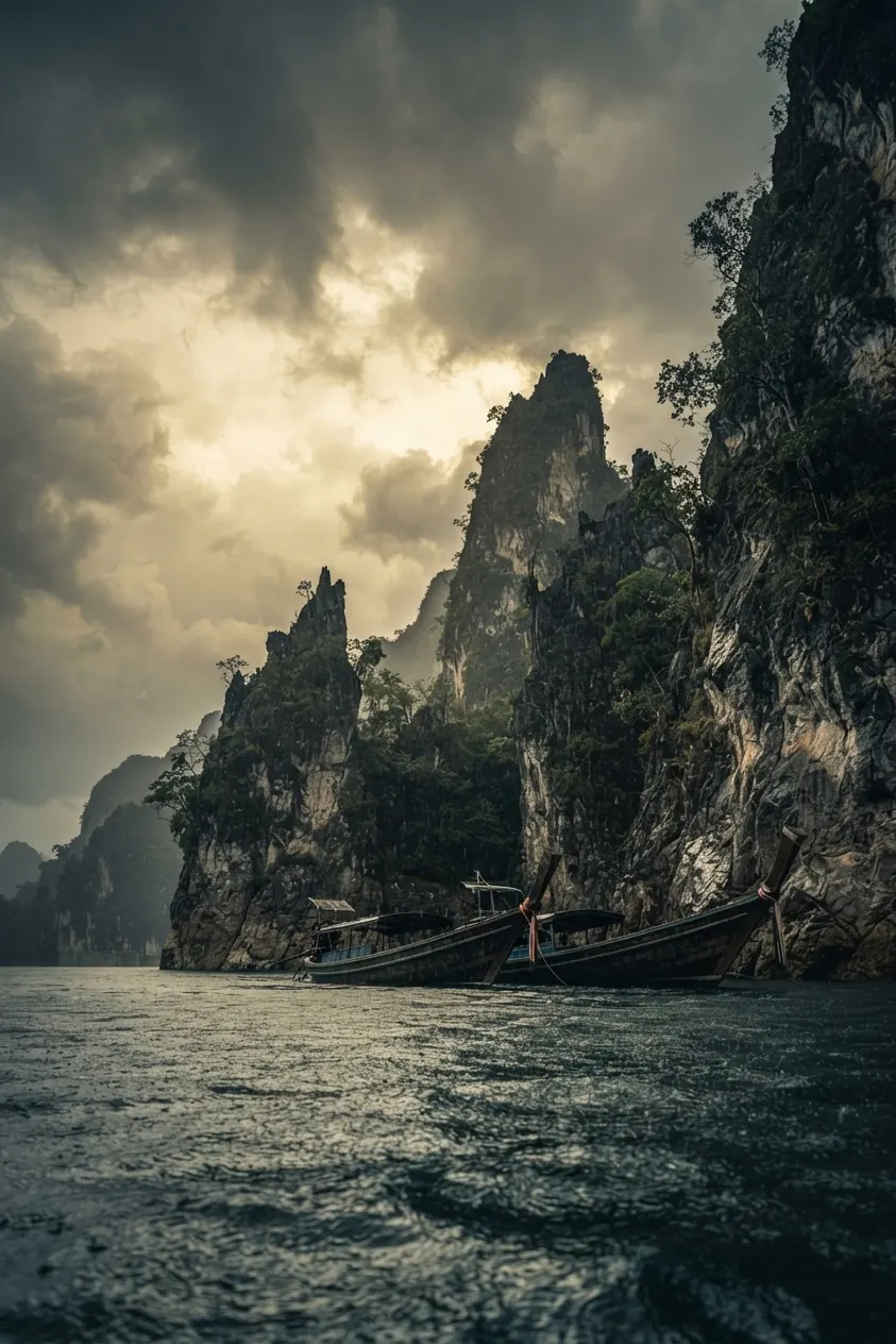 Karst cliffs rising from the lake under a stormy sky