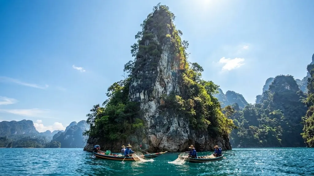 Karst island with small boats at its base under bright sun