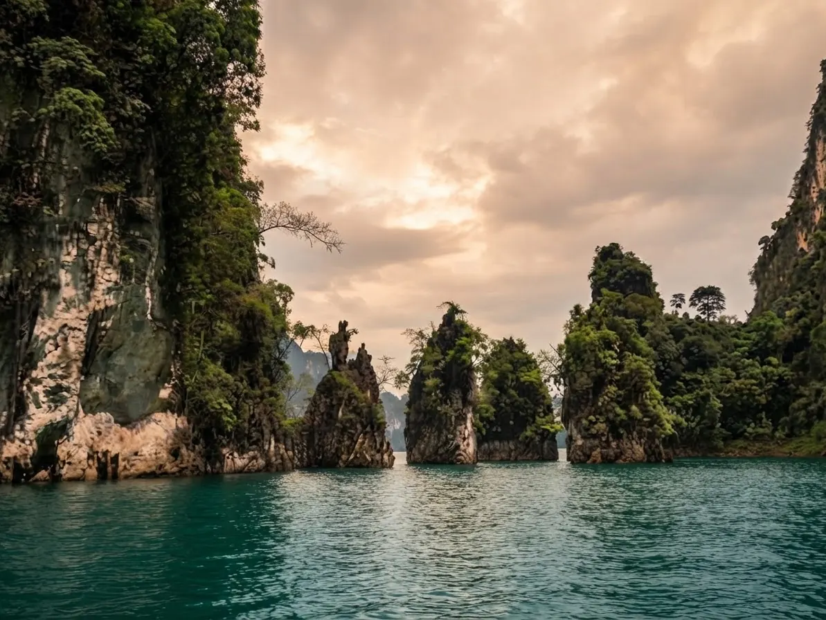 Jungle-topped karst pillars on Cheow Lan Lake under a warm, cloudy evening sky