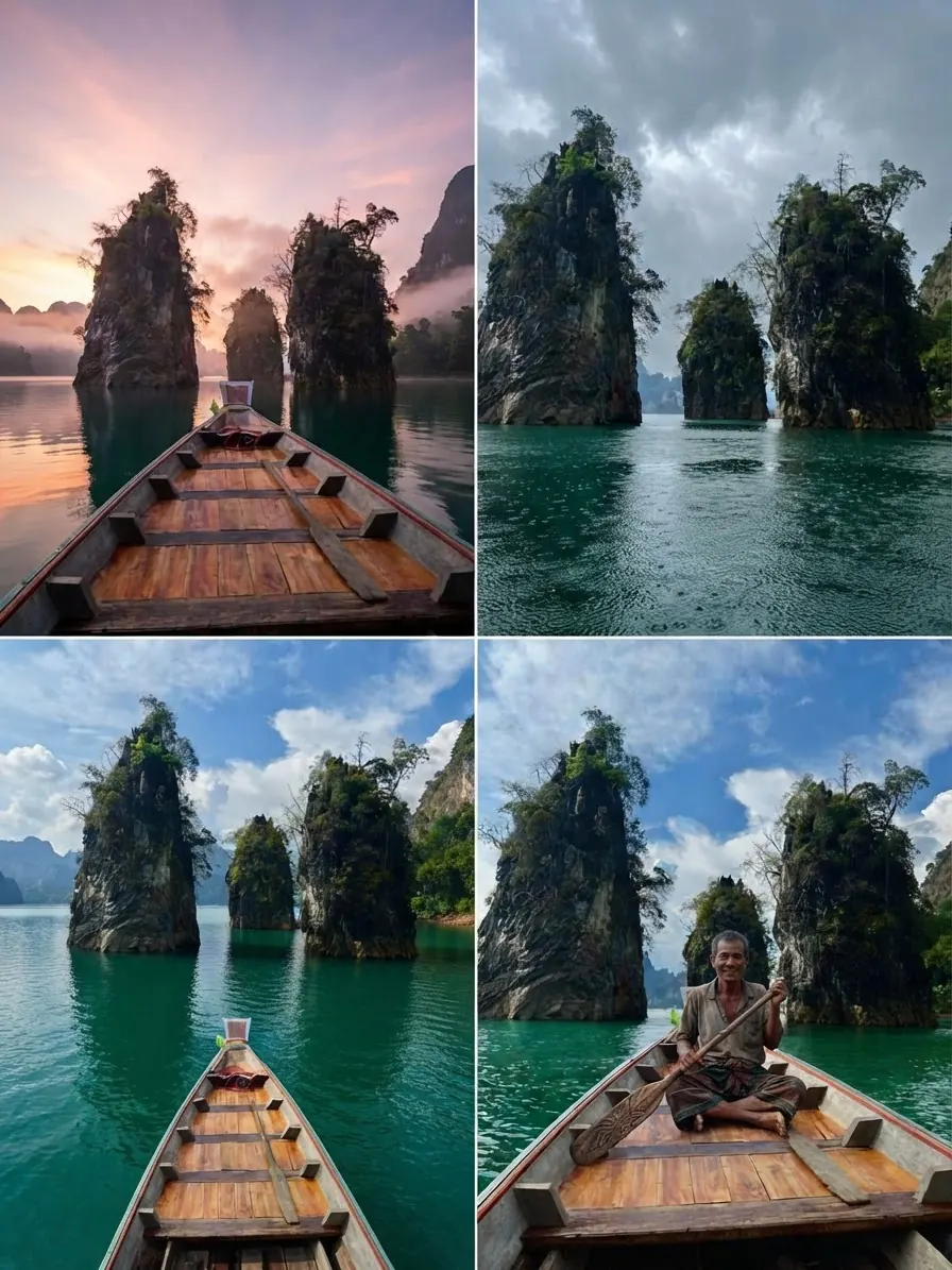 Four views of the karst pillars from a long-tail boat in different light