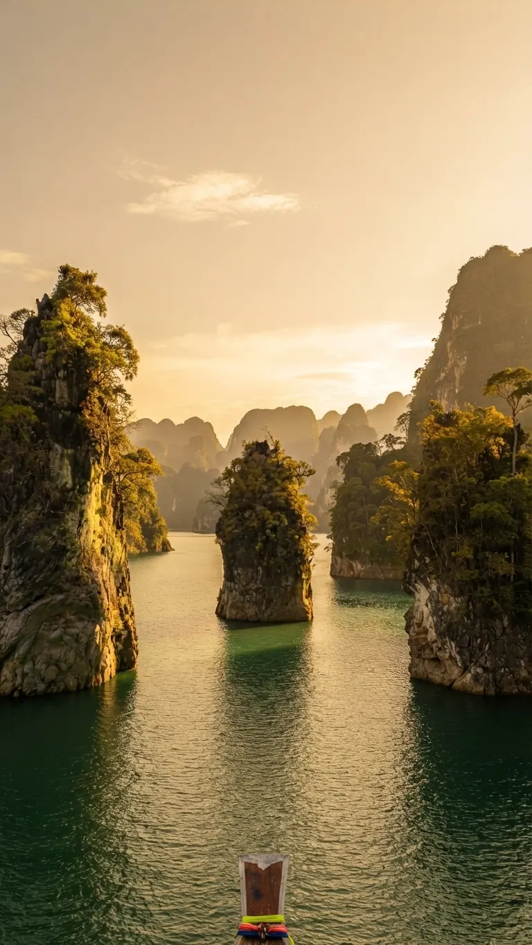 Karst pillars in golden sunlight seen from a long-tail boat