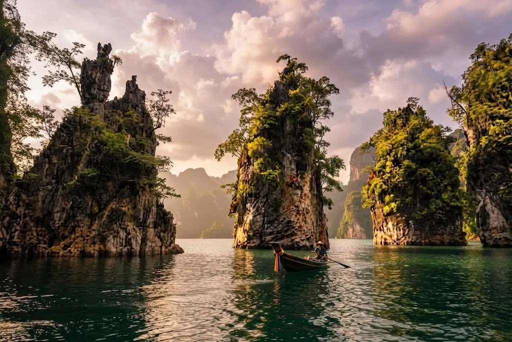 Karst pillars under pink sunset clouds with a boat on the water