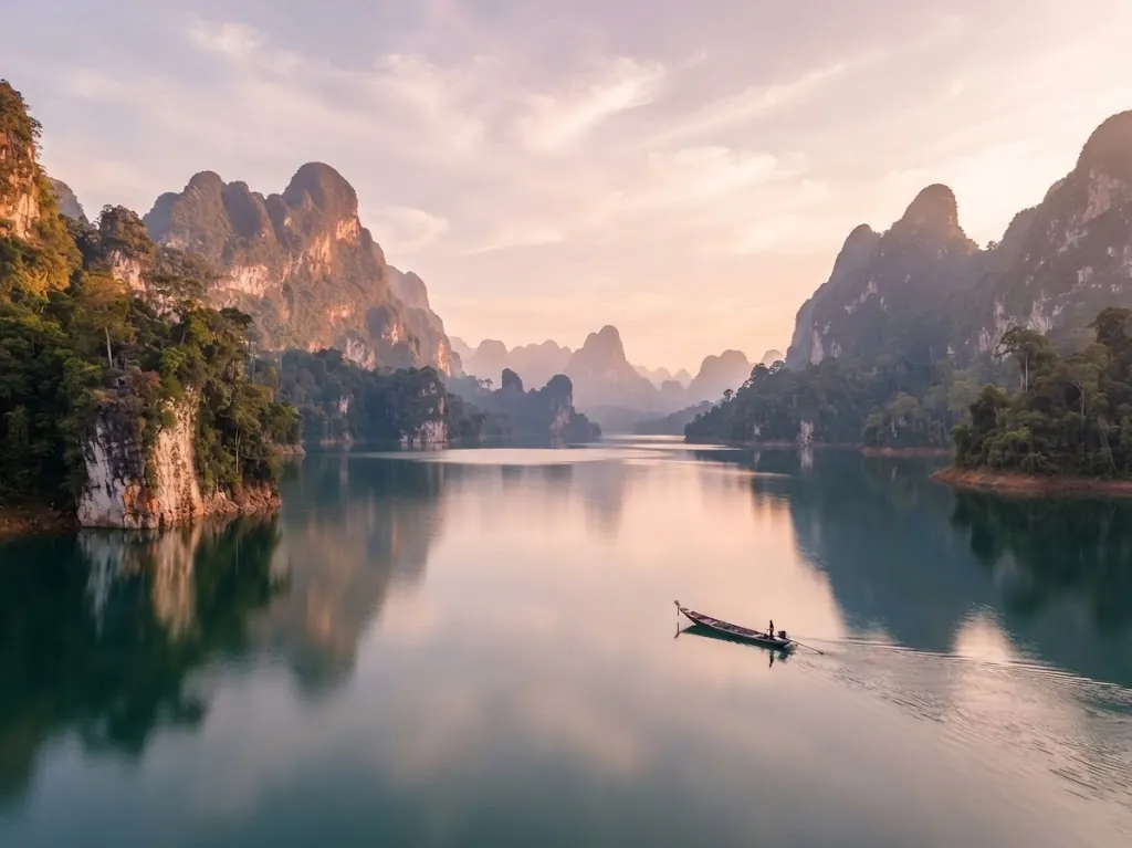 Lone long-tail boat on a mirror-calm lake at dawn, with karst ridges behind