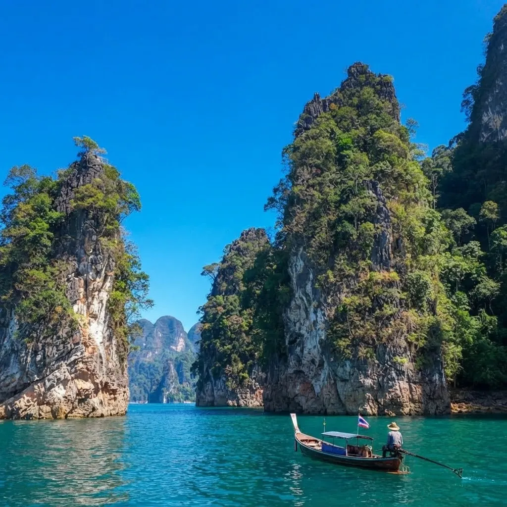 Long-tail boat below two karst pillars under a deep blue sky
