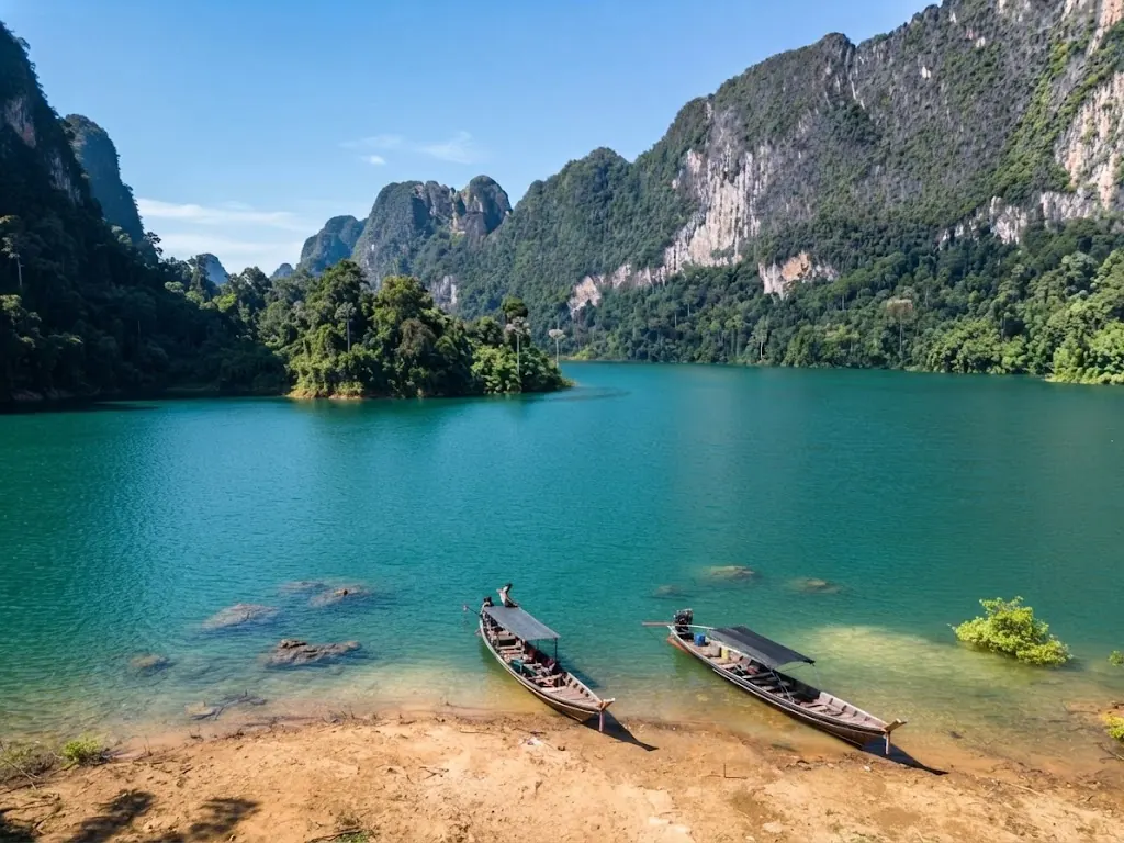 Two long-tail boats pulled up on a sandy lakeshore with turquoise water and limestone cliffs