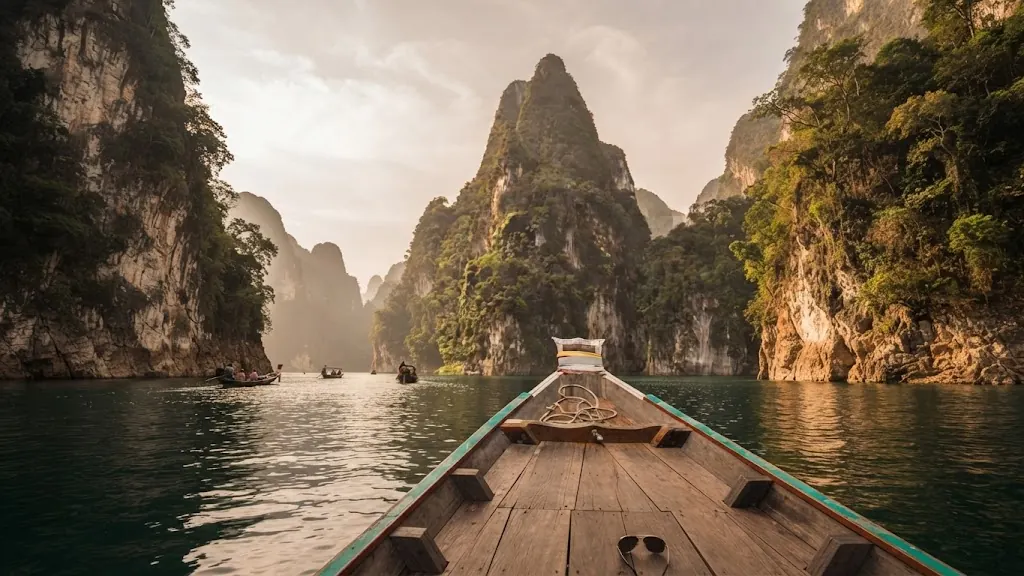 Long-tail boat bow heading into a channel between karst cliffs at hazy sunrise