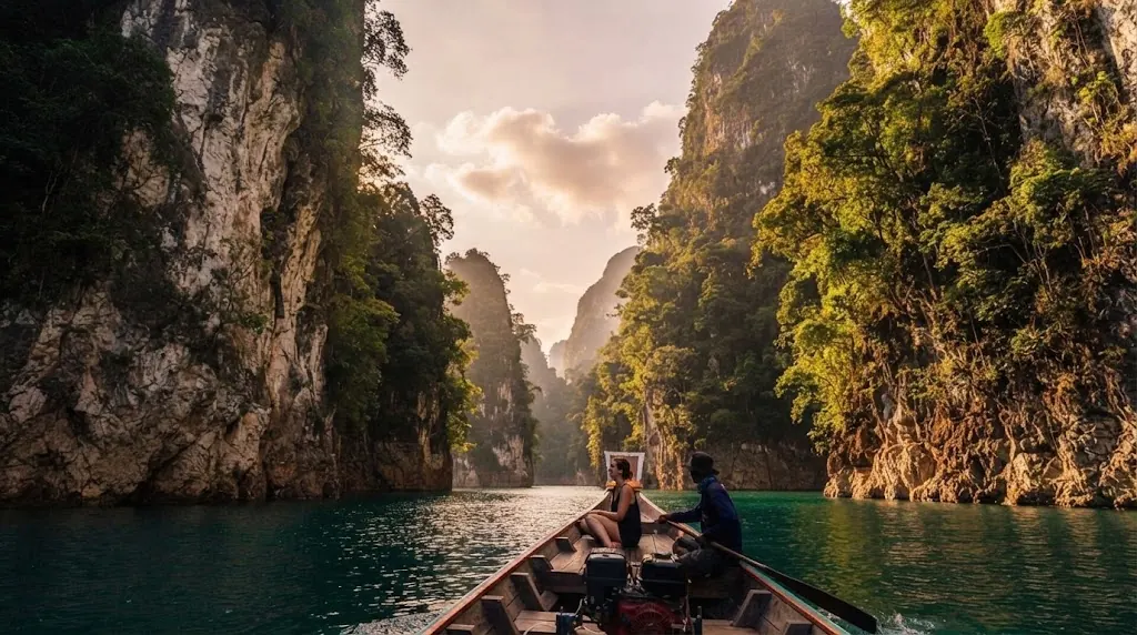 Long-tail boat with passengers entering a gap between limestone cliffs