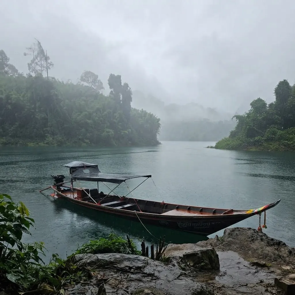 Long-tail boat moored on a rocky shore in morning mist