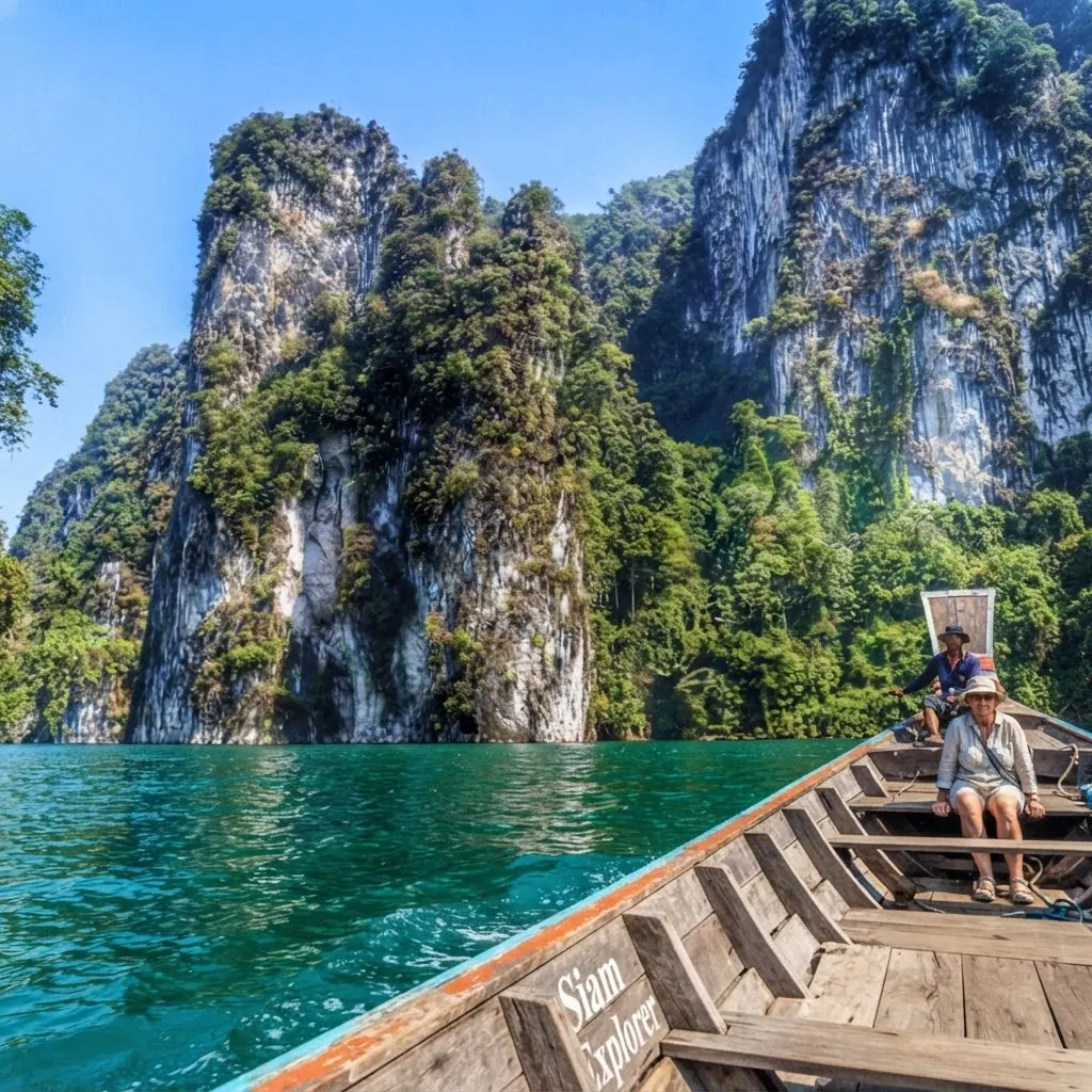 Passenger seated in a long-tail boat passing tall limestone cliffs