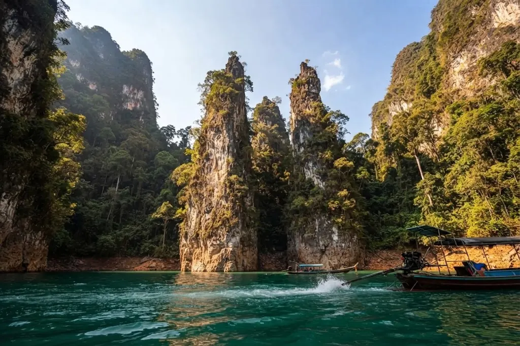 Long-tail boat passing limestone spires in a lake channel