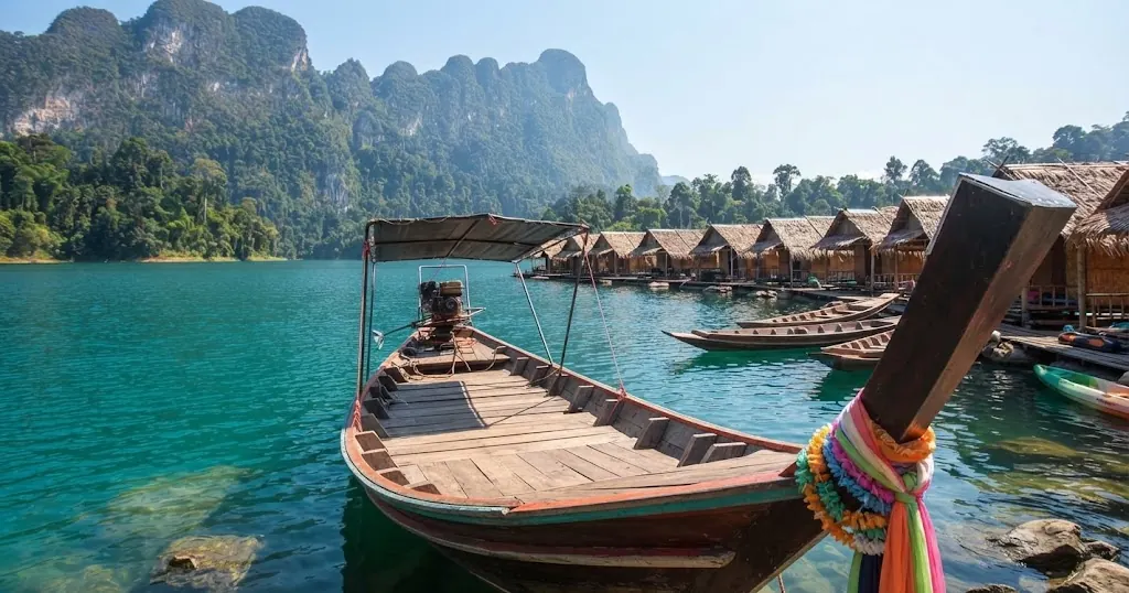 Long-tail boat with ribbons moored near raft houses on turquoise water