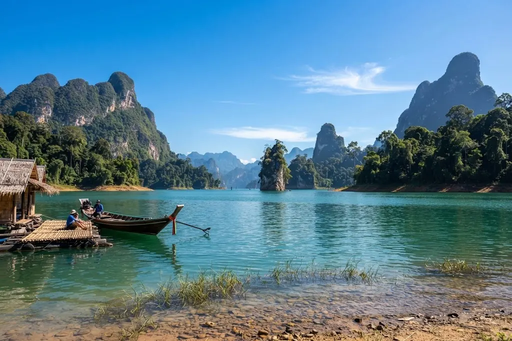 Long-tail boat beside a small raft on a shallow shore below karst peaks