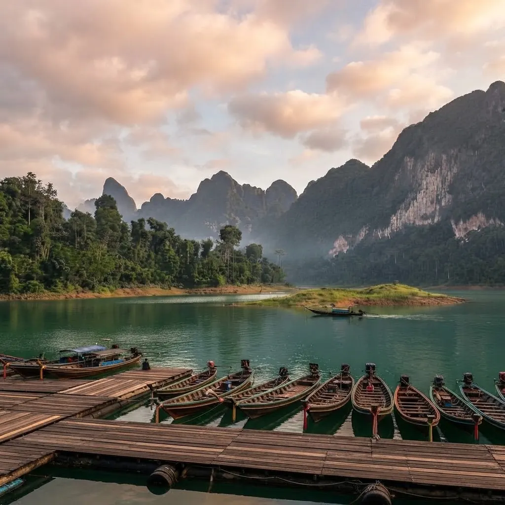 Row of long-tail boats moored at a wooden pier with karst mountains beyond