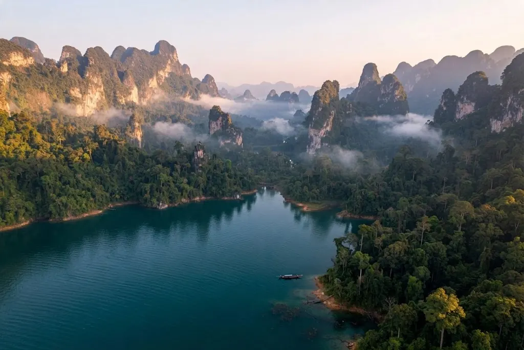 Morning mist drifting between forested karst ridges above a dark green arm of Cheow Lan Lake