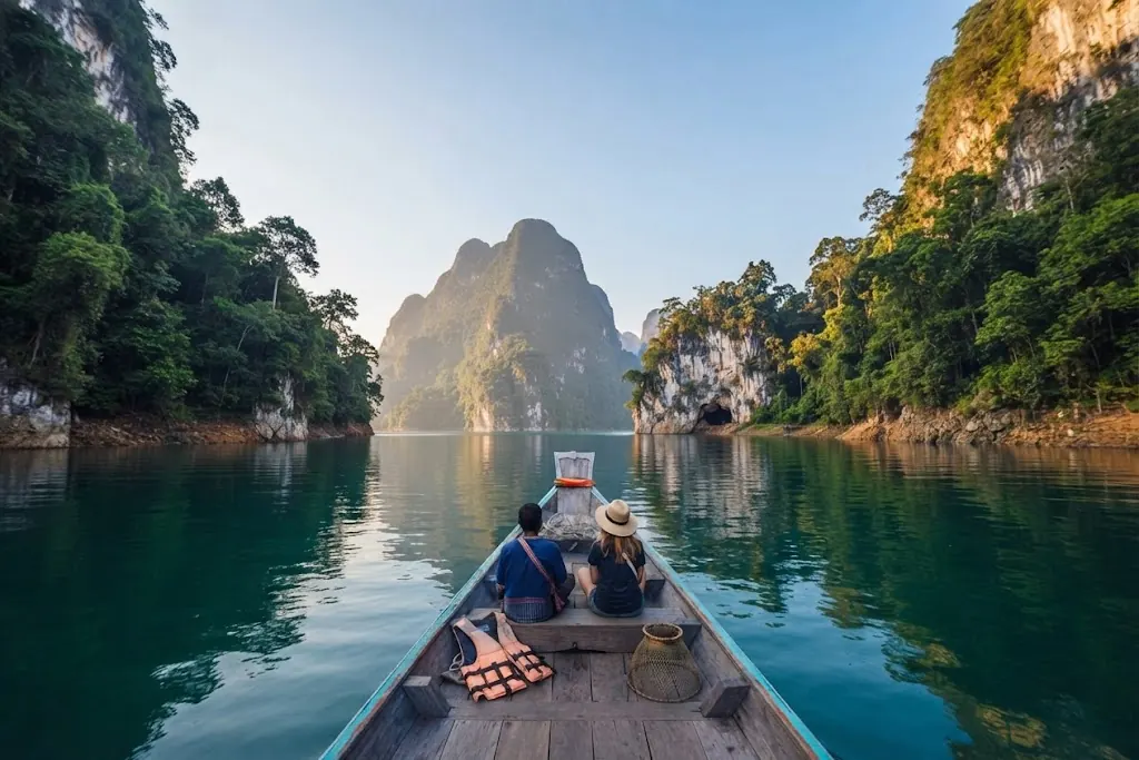Two passengers in the bow of a long-tail boat heading toward a karst peak