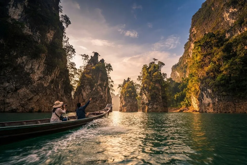 Two passengers in a long-tail boat heading toward karst pillars at sunset
