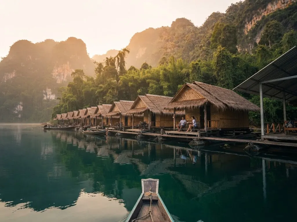 Row of thatched raft houses reflected in calm water at sunrise