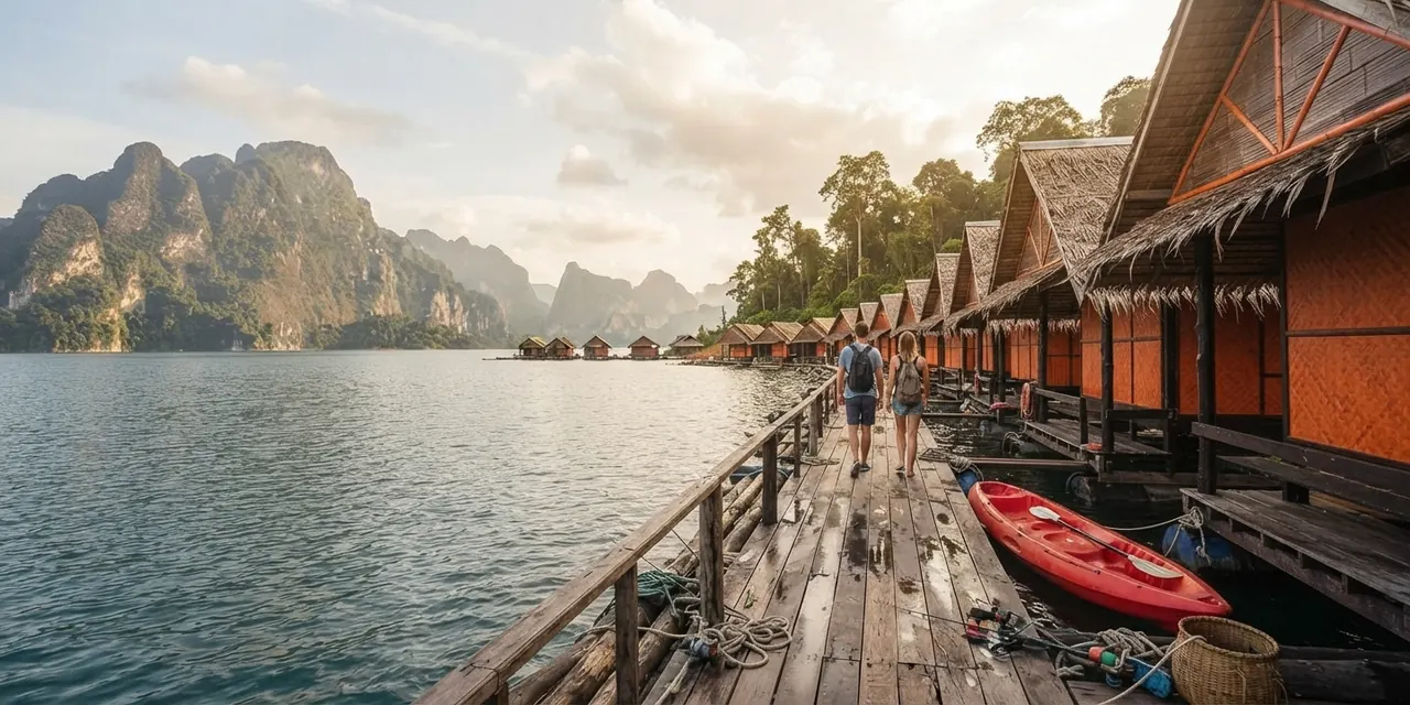 Raft house walkway with a red kayak and wooden bungalows on the lake