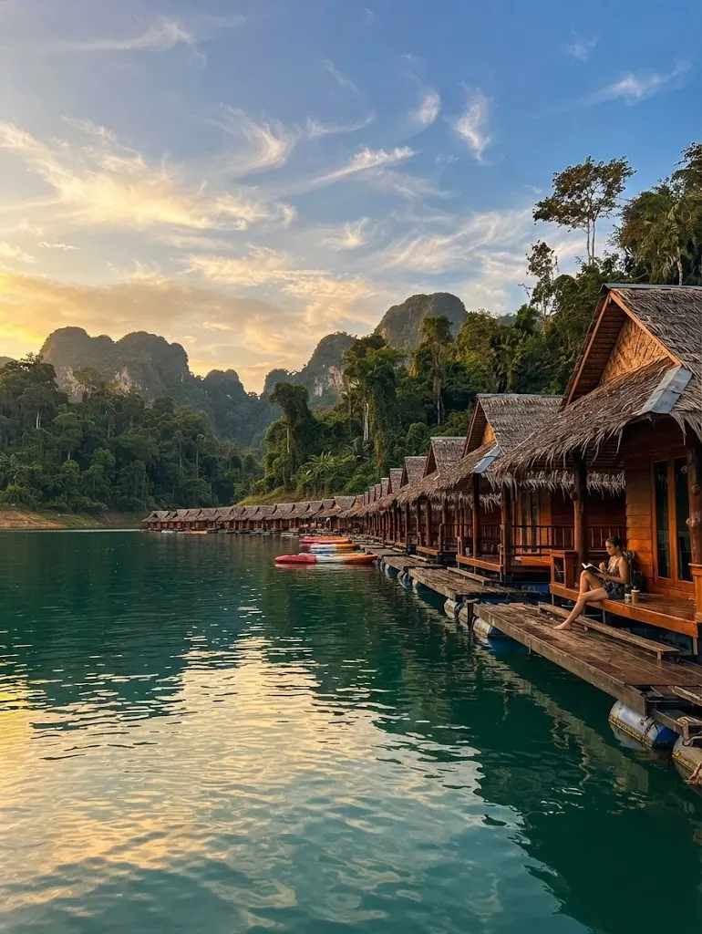 Wooden raft houses along the water in warm evening light