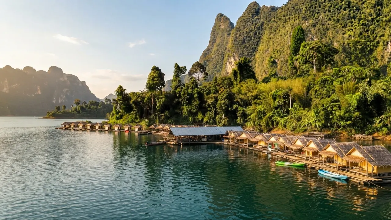 Row of floating raft houses at the foot of forested karst hills