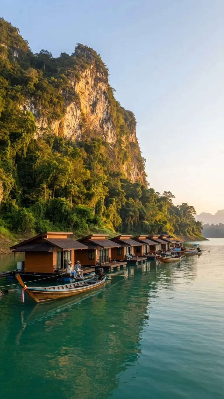 Raft houses beneath a sunlit limestone cliff