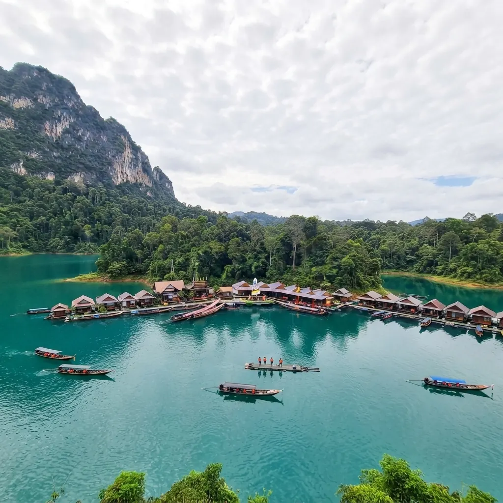 Raft house village and long-tail boats on turquoise water, seen from a hillside