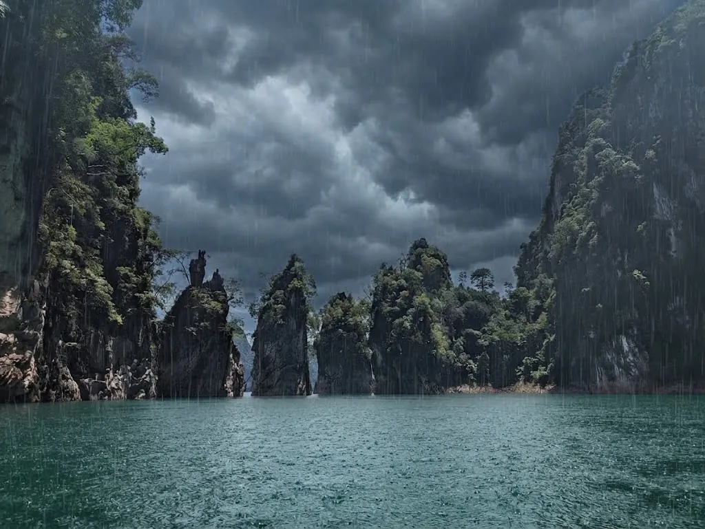 Rain falling over karst pillars and the lake under dark clouds