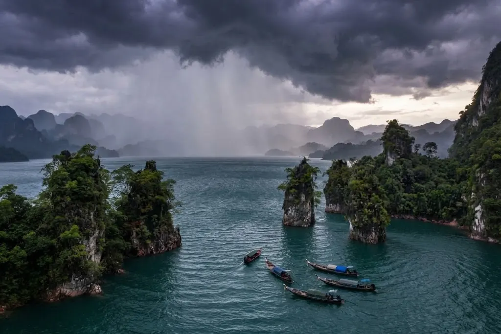 Heavy rain shower over karst islets and moored long-tail boats