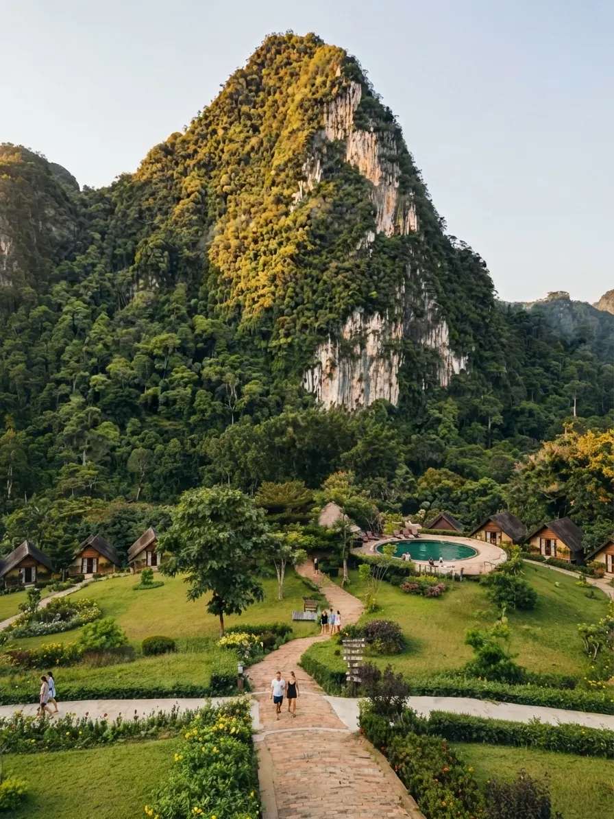 Resort garden path and pool below a forested limestone mountain