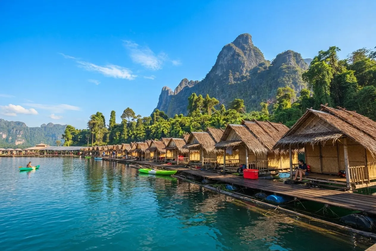 Thatched floating bungalows with kayaks moored below karst peaks on a sunny day