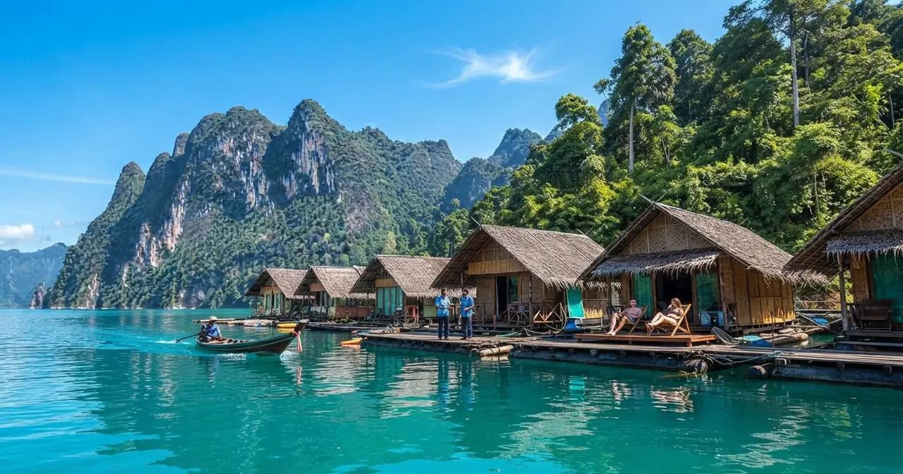 Thatched bungalows over turquoise water with a long-tail boat passing